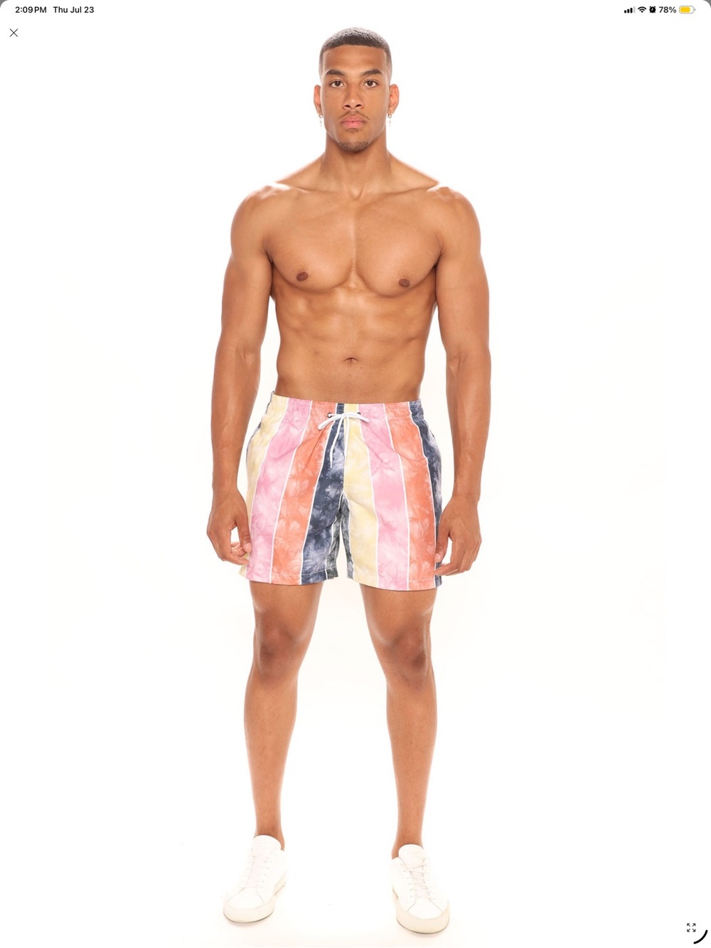 Fashion Nova Men's Striped Swim Trunks in Pink, Orange, Yellow & Blue